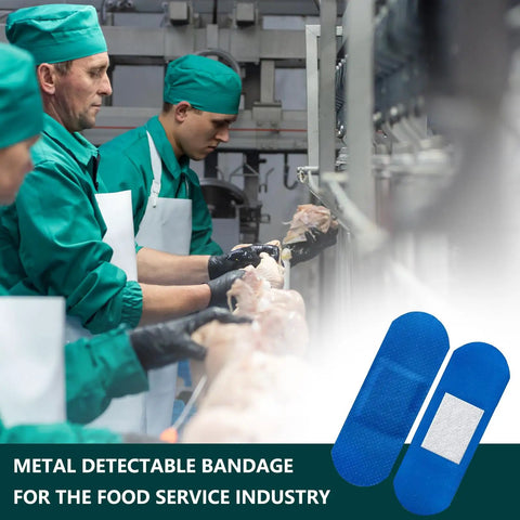 Workers in green uniforms handling food with 100 Pcs Blue Bandages 3 By 1 Inch Metal Detectable Waterproof PE Adhesive Bandages for safety.