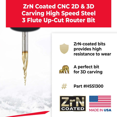 CNC Carving Ball Nose Router Bit With ZrN Coating For 2D And 3D Work, Pro Grade HSS High Speed Steel, visible in image with USA flag