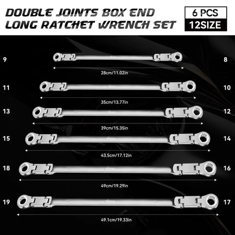 Extra Long Flex Head Ratchet Wrench Set, 6 Pc Metric 8-19mm, Box End Ratcheting Wrenches With 72-Tooth Cr-V Steel, Magnetic Pickup Tool Kit, 12-Point Combination Wrenches For Tight Spaces, Built For DIYers And Pros