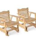 Two Outdoor Fir Wood Glider Chairs With Hidden Rotatable Cup Holder And Curved Seat For Porch Patio And Backyard Natural Finish