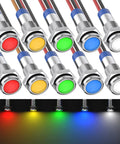 Rugged 12V LED Indicator Light Set Waterproof Metal Flat Head Pilot Lamps With Wire 6mm Mounting Holes For Dash Car Boat Truck Ultra Clear Light Visible In Sunlight Non Glare Glow in red, yellow, green, blue, and white colors installed with glow