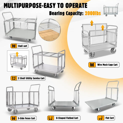 6-In-1 Foldable Flatbed Cart With Cage, Heavy-Duty Platform Truck And Dolly, Swivel Wheels, 2000 Pound Capacity, Multi-Purpose Hand Cart For Grocery, Laundry, Storage, Stall And More, Built Tough For Everyday Hauling showing 6 cart configurations