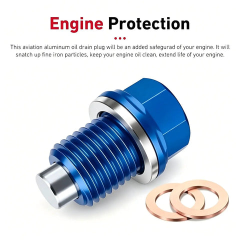 Upgrade Your Ride With This Sweet Blue M14 Aluminum Oil Drain Plug Featuring A Magnetic Catcher For Clean Engine Oil And A CNC Machined Anti Leak Gasket Kit That Works Perfectly As A Universal Fit For Most Cars And Trucks To Keep Your Motor Running. Blue M14 aluminum oil drain plug with magnetic tip and gasket washers