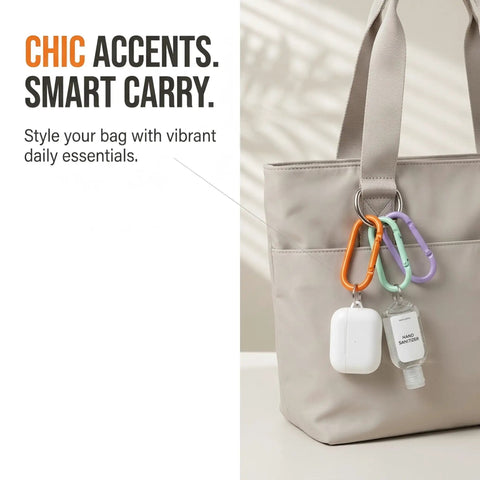 Grey bag with 16 Piece Oval Carabiner Clips Set for Keychains and Lanyards Aluminum Alloy Lightweight Yet Sturdy Snap Hooks attached