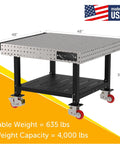 Heavy Duty Welding Fixture Table 48 By 48 By 36 Inches Shop Ready Metalworking Workbench with laser cut holes and swivel casters.