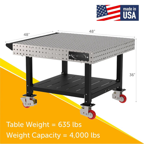 Heavy Duty Welding Fixture Table 48 By 48 By 36 Inches Shop Ready Metalworking Workbench with laser cut holes and swivel casters.