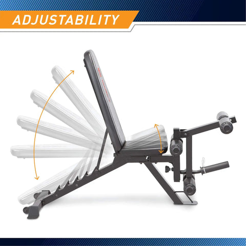 Six Position Adjustable Utility Bench with Leg Developer and High Density Foam Padding showing adjustability