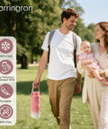 Portable Breastmilk Cooler For Travel And Daily Grind, Reusable 22oz Two Pack Bottle Chiller in pink, carried by a family outdoors.