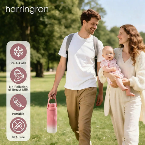 Portable Breastmilk Cooler For Travel And Daily Grind, Reusable 22oz Two Pack Bottle Chiller in pink, carried by a family outdoors.