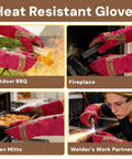 Long Leather Gardening Gloves For Women With Rose Pruning Design Heat Resistant Gloves shown in BBQ, fireplace, oven, welding use.