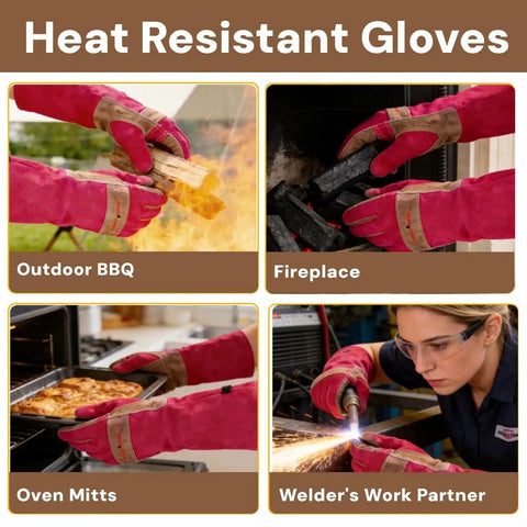 Long Leather Gardening Gloves For Women With Rose Pruning Design Heat Resistant Gloves shown in BBQ, fireplace, oven, welding use.