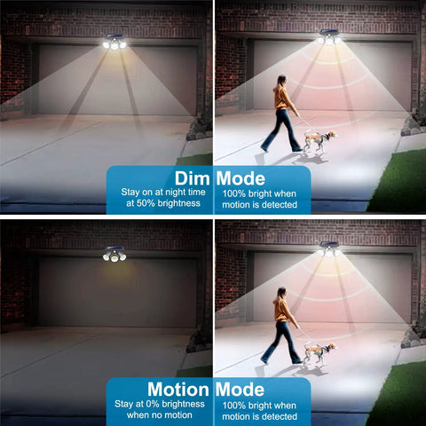 Solar Outdoor Motion Sensor Lights With 3 Adjustable Heads, showing dim and motion modes illuminating a garage and driveway