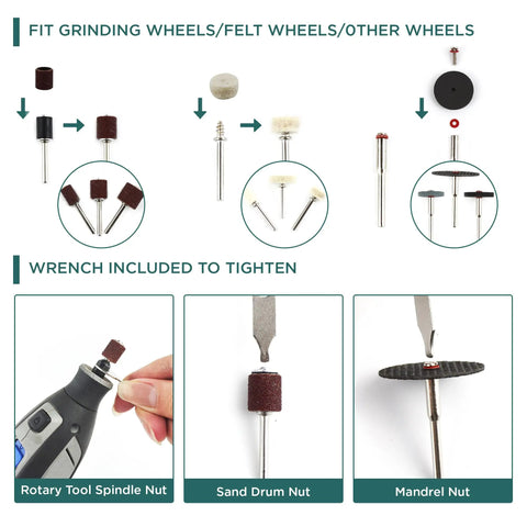 Badass 508 Piece Rotary Tool Accessories Kit Featuring Hella Tough Carbide Bits Ceramic Discs Grinding Wheels Mandrels For Universal Sanding Polishing Carving Drilling Fits All Dremel Styles with various wheels and fitting tools.