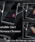 All In One Screen Cleaner Kit For Laptops, Tablets, And Phones, 2 In 1 Spray And Wipe Set cleaning a car display screen.