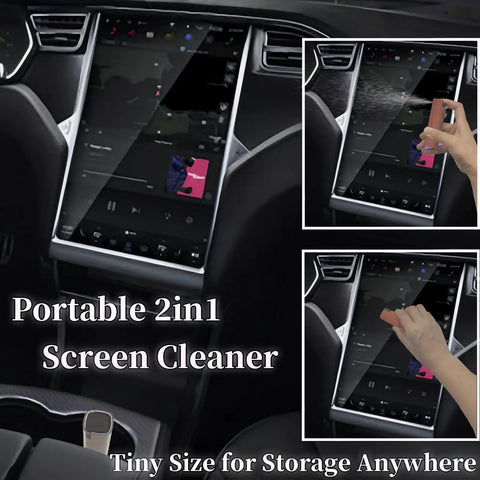 All In One Screen Cleaner Kit For Laptops, Tablets, And Phones, 2 In 1 Spray And Wipe Set cleaning a car display screen.