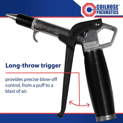 Typhoon TYP-2500CS High Volume Blow Gun With 1/4-Inch NPT And High Flow Tip showing long-throw trigger for industrial cleanup