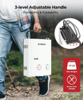 Man carrying 5L Portable Tankless Water Heater For Camping And RV Off Grid Use With Propane Shower Instant Hot Water Folding Handle