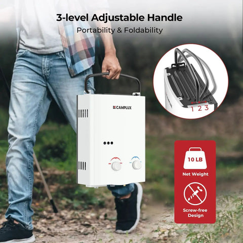 Man carrying 5L Portable Tankless Water Heater For Camping And RV Off Grid Use With Propane Shower Instant Hot Water Folding Handle
