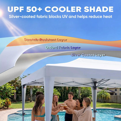 10x20 Pop Up Canopy Tent With Windows No Sidewalls Instant Outdoor Shelter For Parties Weddings Events Vendors Easy Setup 200 Sq Ft Of Shade Fits 15 To 20 People, displaying Oxford fabric layers, silver-coated for UV protection.