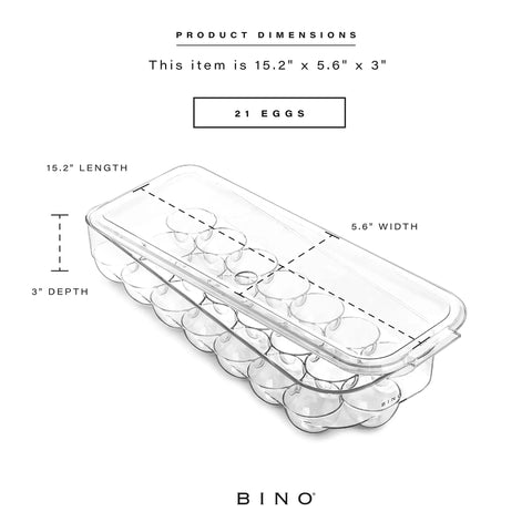 Clear Fridge Egg Container, 21 Egg Capacity, No Fuss Sturdy Plastic Egg Tray With Lid, showing dimensions and design.