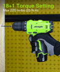 Cordless Drill Kit with 12V power drill, battery, and charger in use on wood with 18 to 1 torque settings
