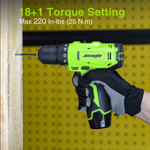 Cordless Drill Kit with 12V power drill, battery, and charger in use on wood with 18 to 1 torque settings