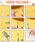 Instructional steps for using 13 Piece Punch Needle Kit With Wooden Handle Adjustable Punch Needle Embroidery Tools Threaders Scissors