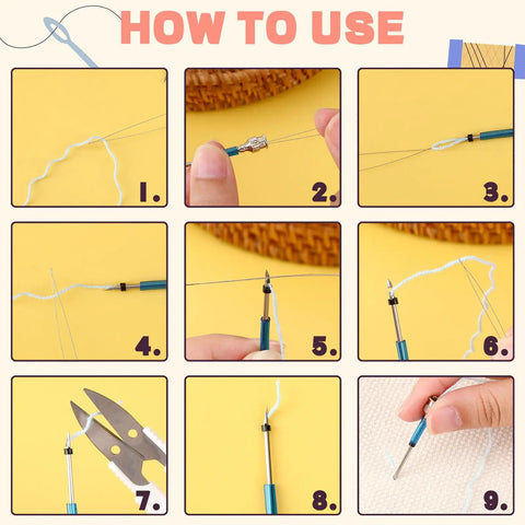 Instructional steps for using 13 Piece Punch Needle Kit With Wooden Handle Adjustable Punch Needle Embroidery Tools Threaders Scissors