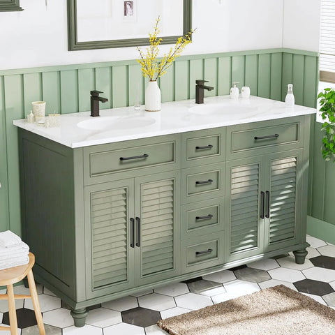 Green bathroom vanity with Matte Black Modern Cabinet Pulls 3 Pack With 3 Inch Hole Center 76mm And 3.4 Inch Total Length Durable Zinc Alloy.