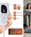 Hand holding remote of Double Layer Electric Heated Foot Warmer Quick Heat Up and Keeps Feet Cozy and Toasty 16 by 16 Inches
