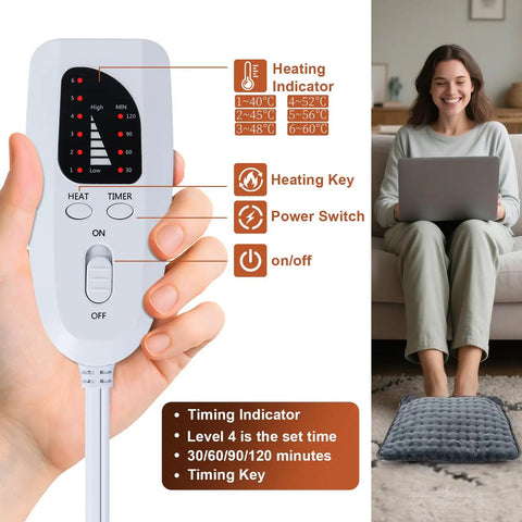 Hand holding remote of Double Layer Electric Heated Foot Warmer Quick Heat Up and Keeps Feet Cozy and Toasty 16 by 16 Inches