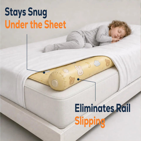 On-The-Go Toddler Bed Rails Two-Pack Inflatable Bumpers For Travel And Sleepovers on bed with child sleeping