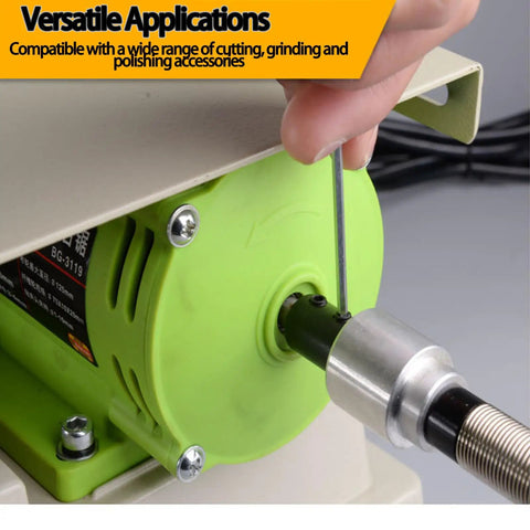 Pro 110V Gem Faceting Machine 5-in-1 Bench Grinder showing 1380W green motor and adjustable flexible shaft for easy use.