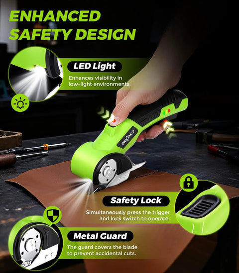 Heavy Duty Cordless Electric Scissors With Led Light And Safety Lock cutting leather with LED light and safety features.