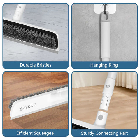 Image showing features of the 2 In 1 Floor Scrub Brush With 48 Inch Adjustable Handle And Built In Scraper For Tile Shower Tub Deck And Garage Cleaning Stiff Bristle Floor Scrubber For Heavy Duty Grime.