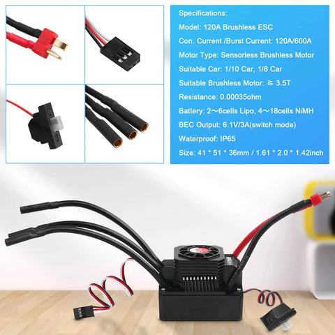 3650 5900KV Sensorless Brushless RC Motor 120A ESC and Program Card Set Waterproof, wires and accessories displayed