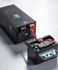 Hardcore Workhorse 3000W Pure Sine Wave Inverter Charger Converts 12V Direct Current To Straight 120V Household Power For RV Campers and Home Backup with visible 12V battery.