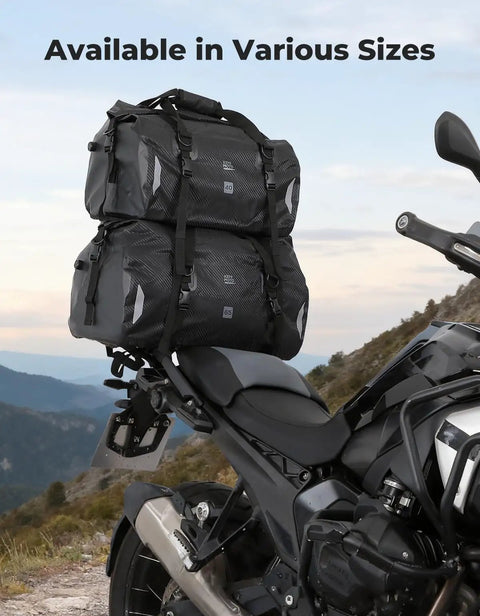 Waterproof Motorcycle Dry Bag Tail Pack Duffle Luggage 40L 65L strapped on motorcycle for touring adventure.