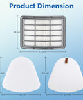Four Plus Two Pack Replacement Filters dimensions for Navigator Lift Away Vacuums, showcasing foam, felt, and HEPA filters.