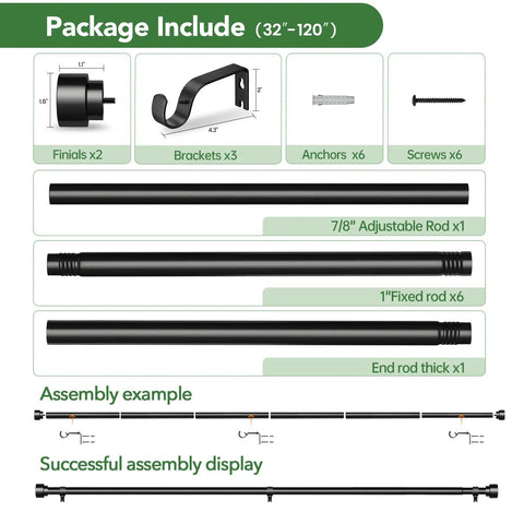 Heavy Duty Adjustable Curtain Rod 32 To 120 Inches 1 Inch Diameter Black Metal With End Caps Built To Last Easy Splice Setup For Indoor And Outdoor Windows Modern Long Drapery Rod showing components and assembly instructions