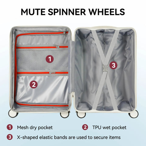 Open view of 20 Inch Carry On Luggage With Dope Spinner Wheels And USB Port Lightweight PC Hard Shell Suitcase interior compartments