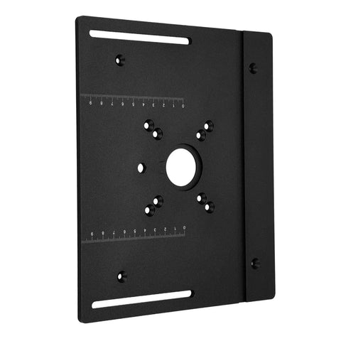 Rock Solid Aluminum Router Insert Base Plate Nails Spotless Woodworking Cuts And Supercharges Your Workshop Setup Straight Up Reliable For Professional Milling And Crisp Carving Jobs In Sleek Black Housing C8 mounted on a workbench.