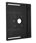 Heavy Duty Aluminum Router Lift With Tight Precision Dial And Bulletproof Steel Mounting Plate showing a matte black router lift plate with measurement markings.