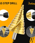 ROGAPER spiral groove step drill bit, 12 steps, HSS steel, 1/4 to 2-3/8 in, gold finish for metal plastic wood