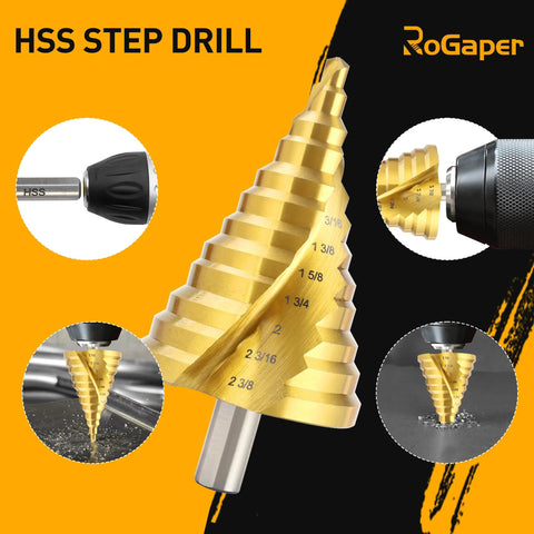 ROGAPER spiral groove step drill bit, 12 steps, HSS steel, 1/4 to 2-3/8 in, gold finish for metal plastic wood