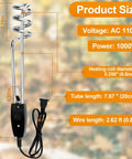 Portable Immersion Water Heater 1000W 110V Submersible Heating Coil with AC plug and dimensions shown for camping and home use.