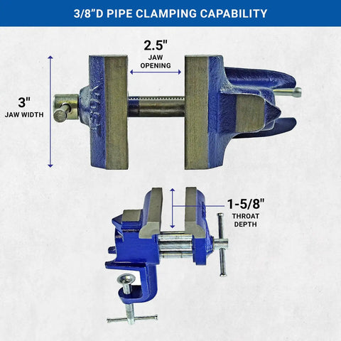 COV-3 Clamp On Vise With Three Inch Jaw Width Portable Gray Iron Casting Blue Finish Sturdy Steel Screw And Guide Rods