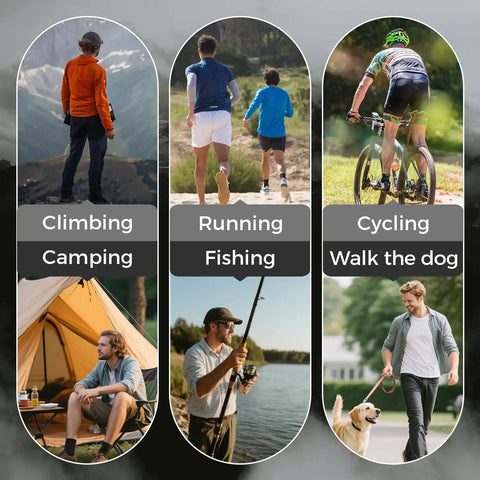 Image of activities: climbing, running, cycling, camping, fishing, walking with dog, related to Outdoor Chest Bag For Men With Built In Phone Holder.