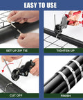 Heavy Duty Cable Tie Gun Kit With 300 Stainless Steel Zip Ties showing setup, tighten, cut, and finish process on pipes.