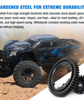 Beefed Up 50T M1.0 Hardened Steel Main Spur Gear With 23T Pinion For Traxxas RC Cars Upgrade Kit next to blue RC truck